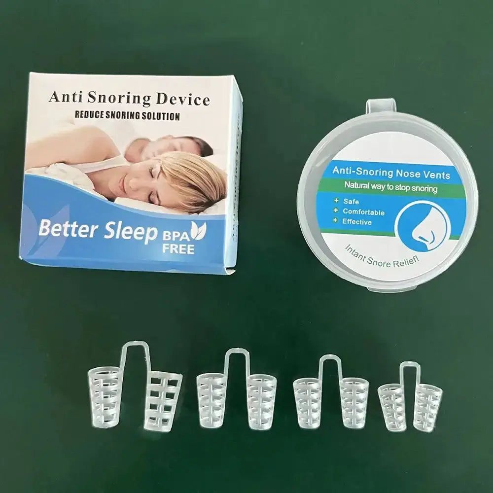 Snoring relief nose clip products including anti-snoring device box and nose vents for better sleep.