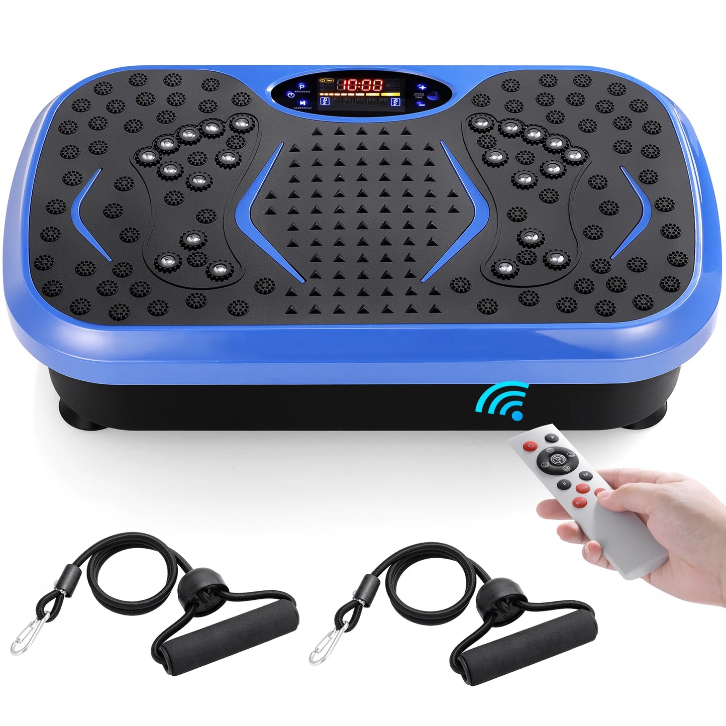 Vibration Plate Exercise Machine with remote control and resistance bands for effective workouts.
