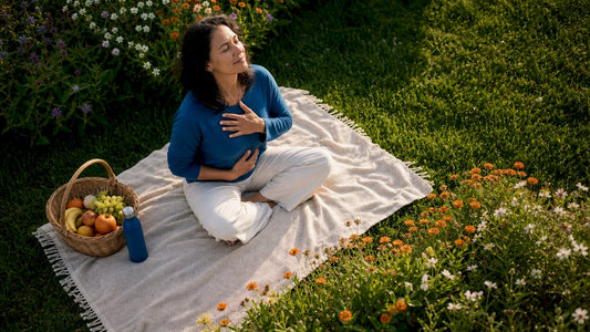 Woman practicing diaphragmatic breathing in living room