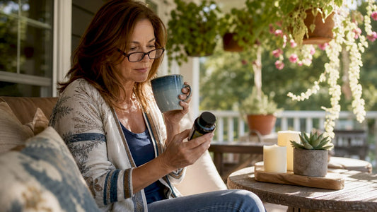 Woman reading sleep supplement label at home table
