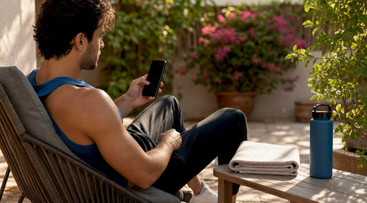 Athletic man tracking muscle recovery at home