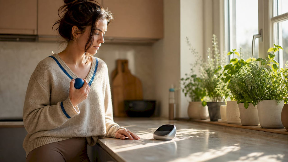 Woman using stress relief gadgets at home desk