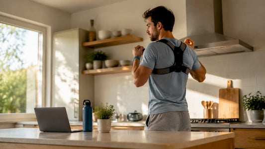 Man adjusting wearable posture corrector in home office