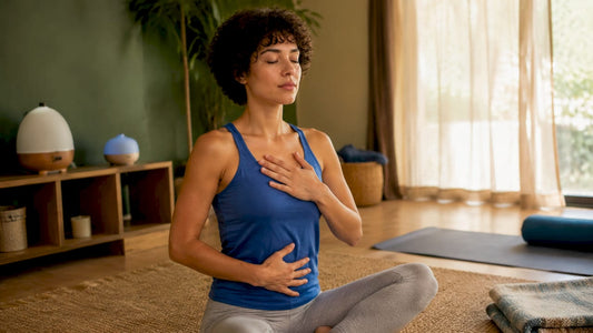 Woman practicing deep breathing at home