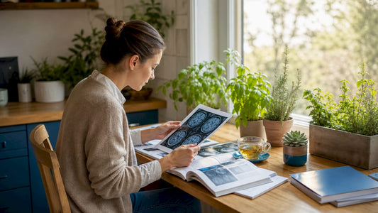 Scientist analyzing brain scan at desk in home study