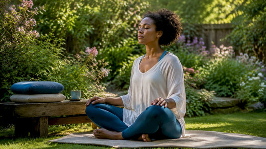 Woman practicing deep breathing on yoga mat