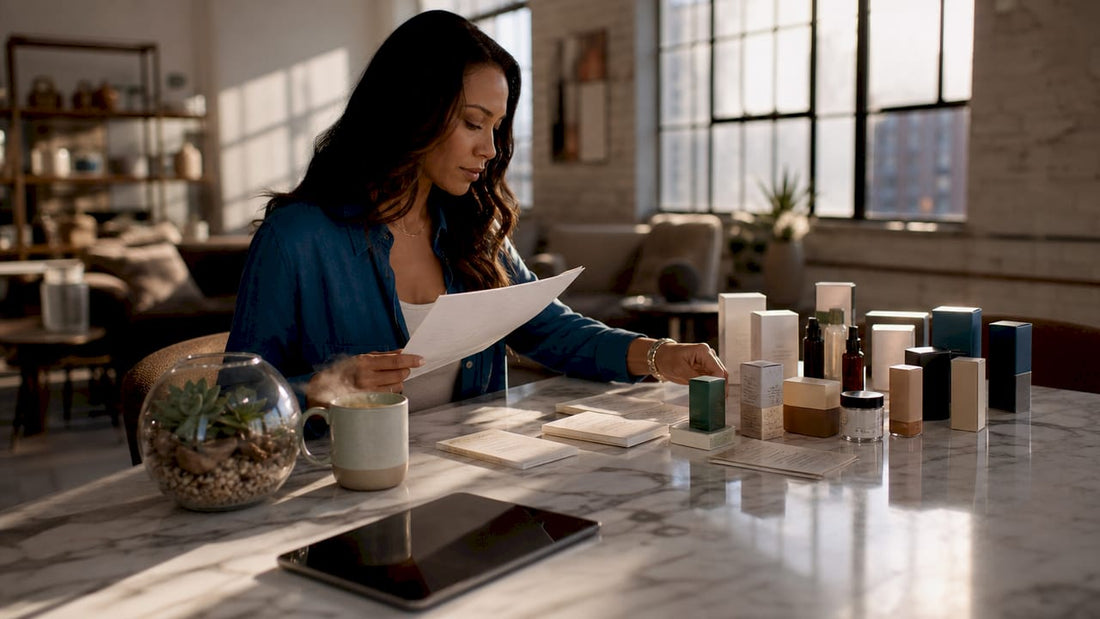 Wellness blogger comparing product packages at table