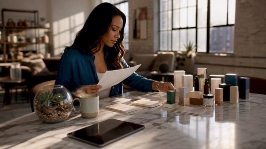 Wellness blogger comparing product packages at table