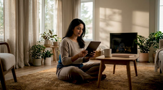 Woman reviewing sleep tracking data on tablet in bedroom