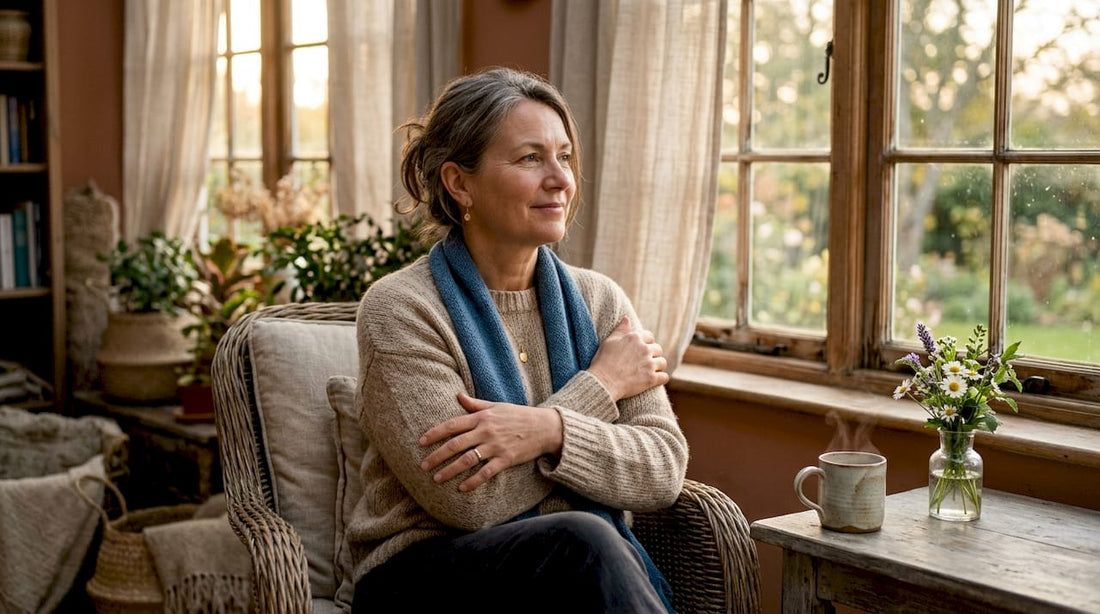 Woman practicing gentle self-touch for stress relief