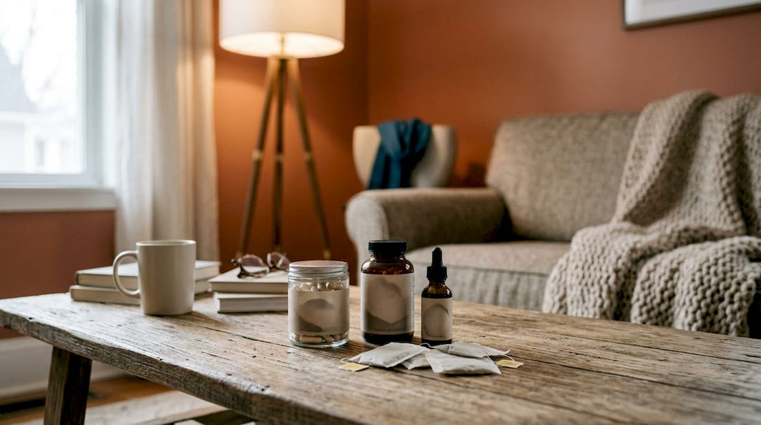Various sleep aid supplements on bedside table
