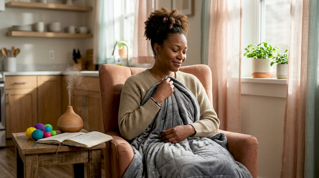 Woman using weighted blanket for relaxation