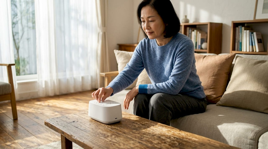 Woman setting white noise machine bedside