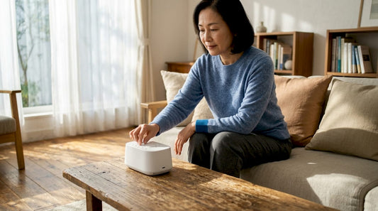 Woman setting white noise machine bedside