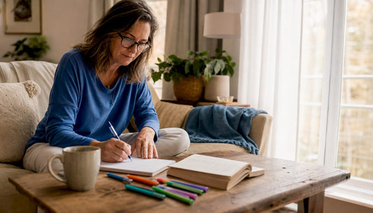 Person writing sleep journal in bedroom morning light