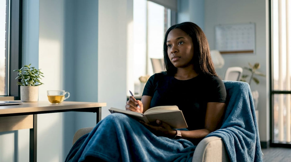 Woman reflecting on wellness fatigue at home