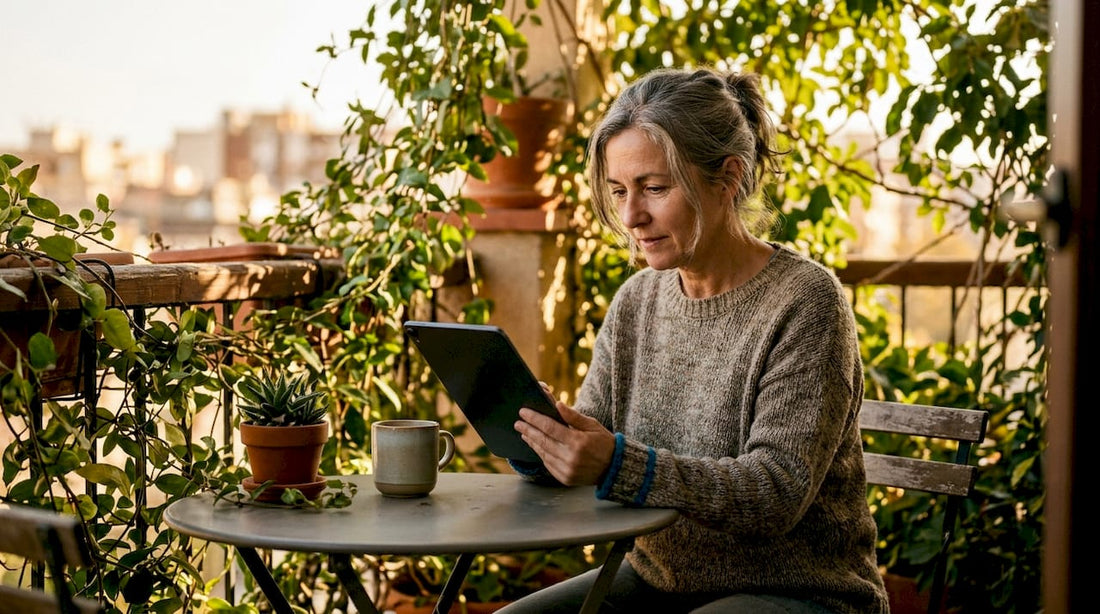 Woman browsing wellness recovery devices at home