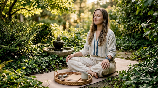 Woman practicing mindful breathing in a cozy home corner