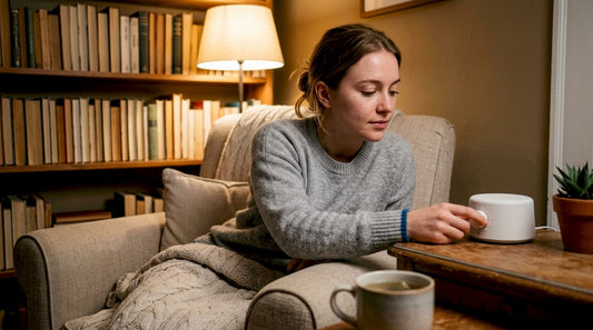 Woman adjusting white noise machine at night