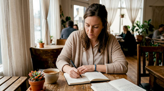 Woman writing wellness habit notes at home desk