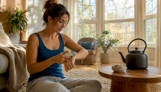 Woman measuring skin temperature in bedroom