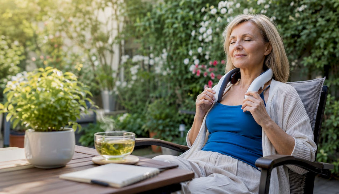 Woman using neck massager at home desk