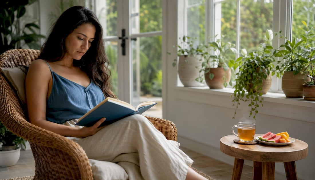 Woman reading about stress relief myths