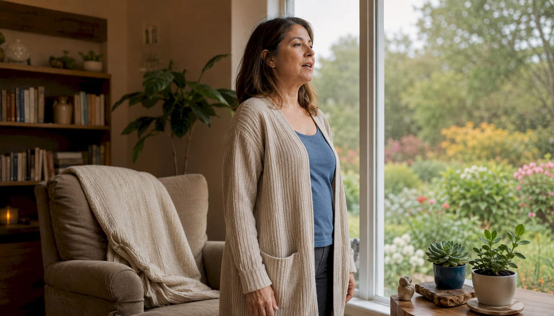 Woman practicing jaw relaxation exercise at home