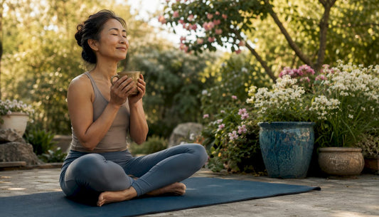 Woman performing morning wellness ritual with tea
