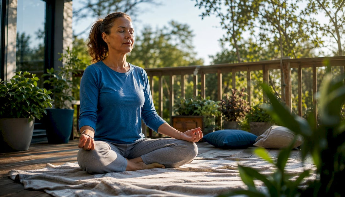Woman meditating on yoga mat indoors