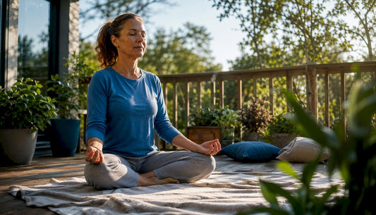 Woman meditating on yoga mat indoors