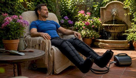 Man using compression recovery boots at home