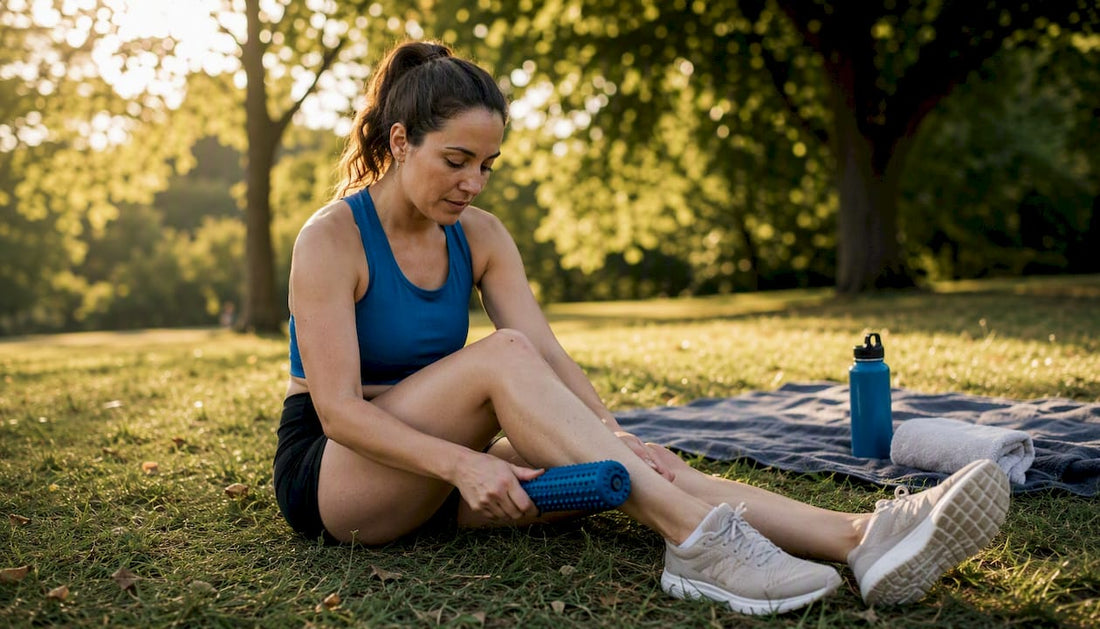 Woman using spiky roller on calf muscle