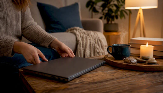Hands closing laptop on home desk with tea and plants
