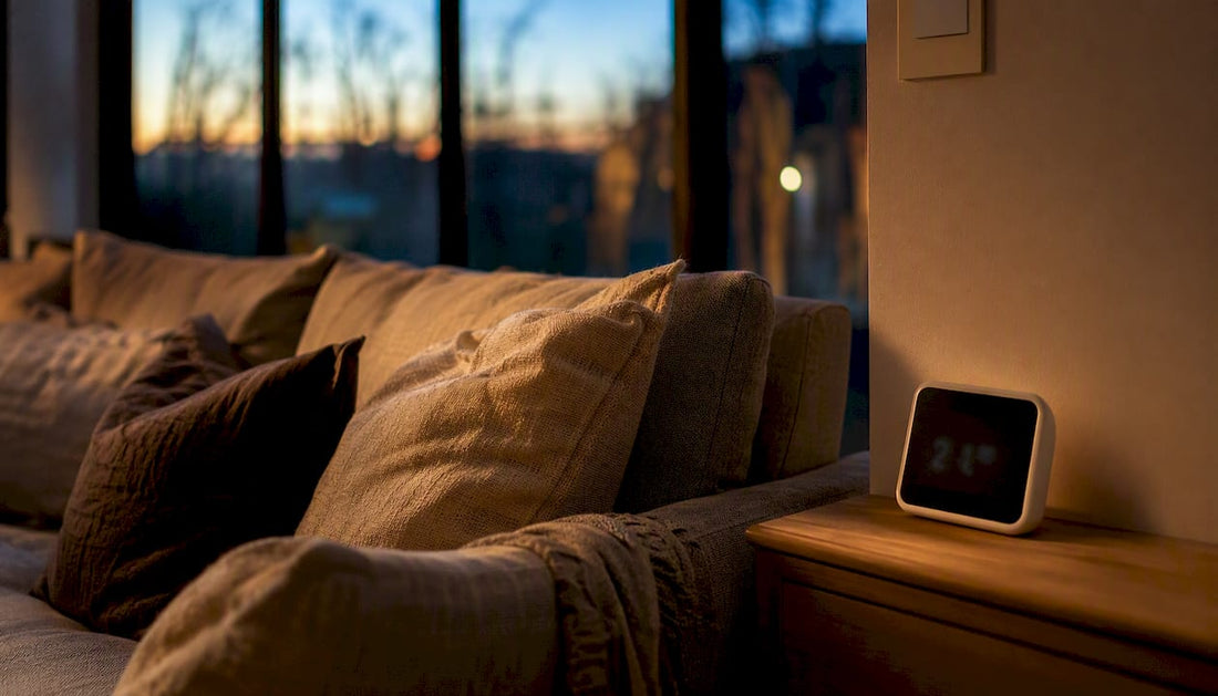 Bedroom showing layered bedding and thermostat
