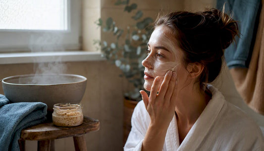 Person applying facial mask with steam nearby