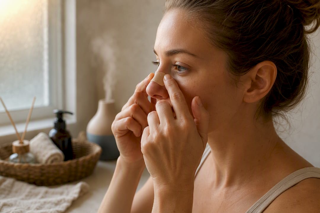Person applying nasal dilator strip on nose
