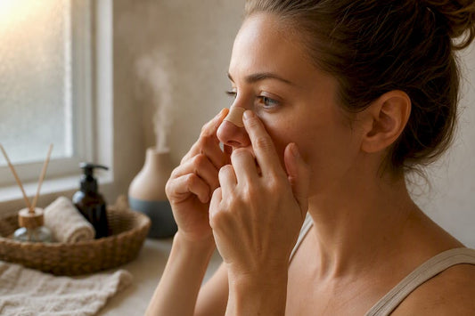 Person applying nasal dilator strip on nose