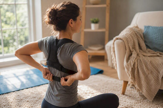 Person adjusting posture brace strap