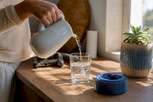 Pouring water next to yoga mat in morning