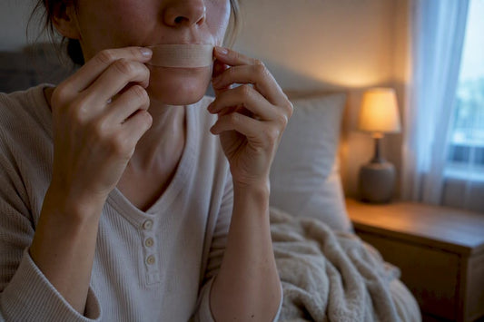Applying adhesive tape on lips before sleep