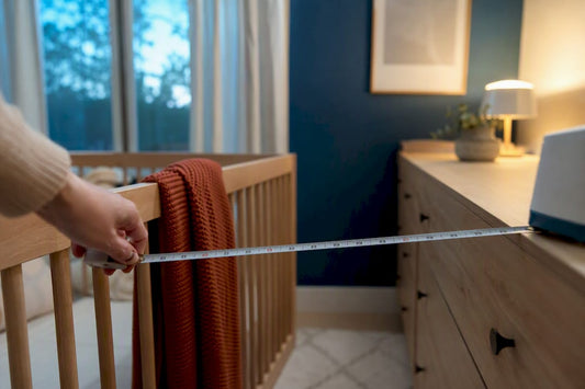 Caregiver measuring sound machine distance from crib