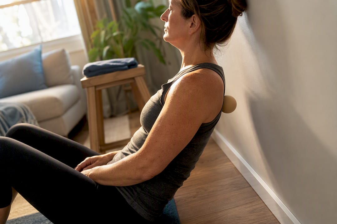 Person applying shoulder pressure against wall