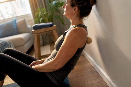 Person applying shoulder pressure against wall