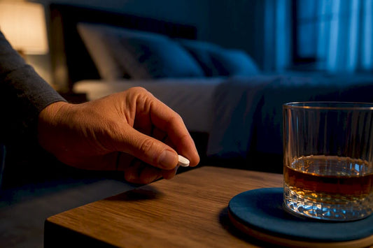 Tablet and alcohol separated on bedside table