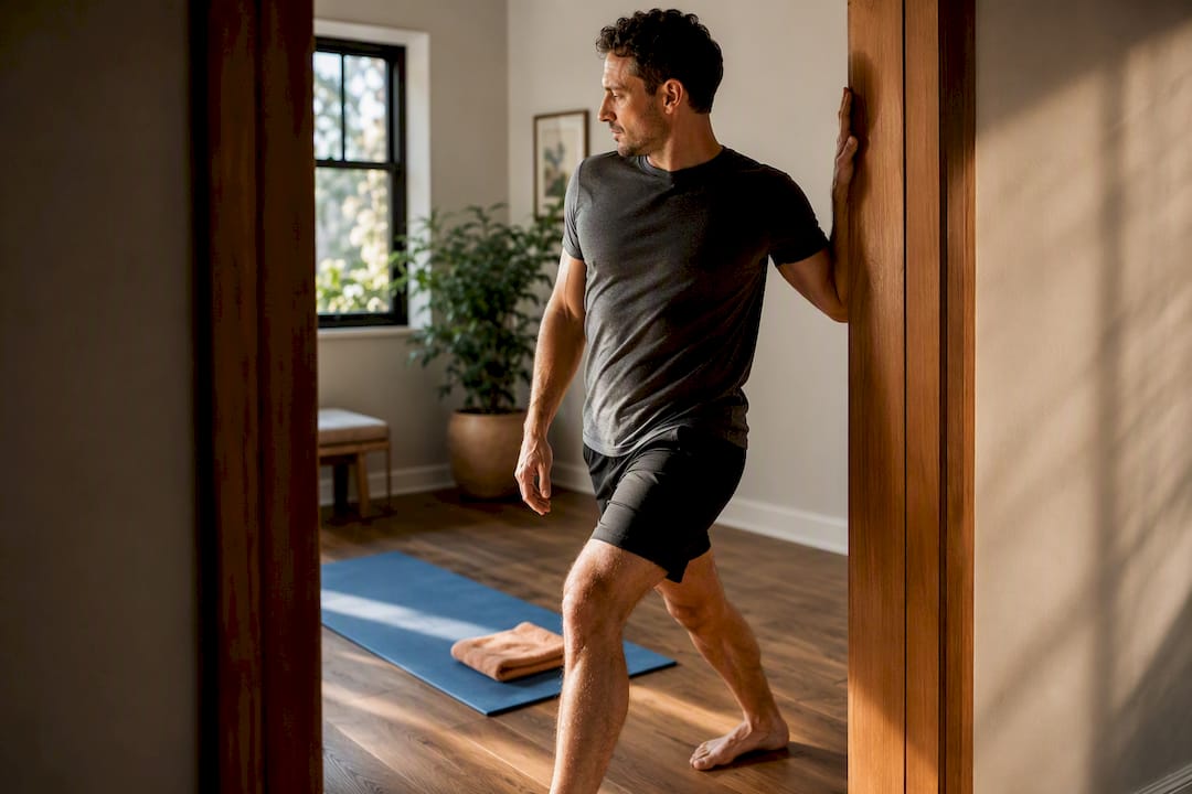 Adult performing a doorway chest stretch