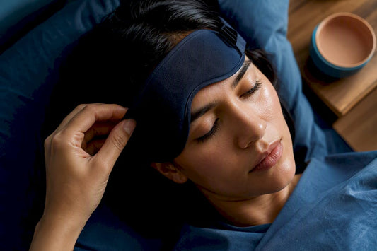 Hand adjusting contoured sleep mask in bedroom