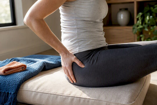 Person gently massaging outer hip at home