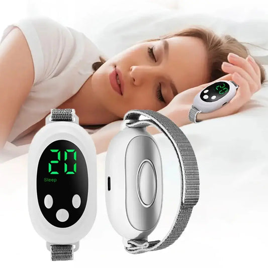 A woman sleeping peacefully with a sleep tracker device displaying "20 Sleep" for The Best Sleep Aids.