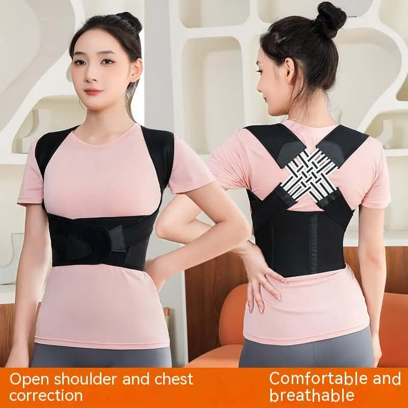 Woman demonstrating a posture corrector while showcasing tips on how to improve your posture at home.